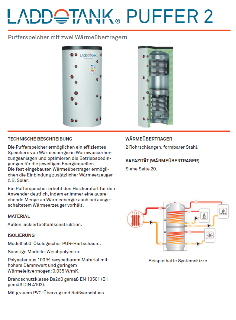 Laddotank Pufferspeicher mit einem WT, 500L, 75mm PU-Isolierung