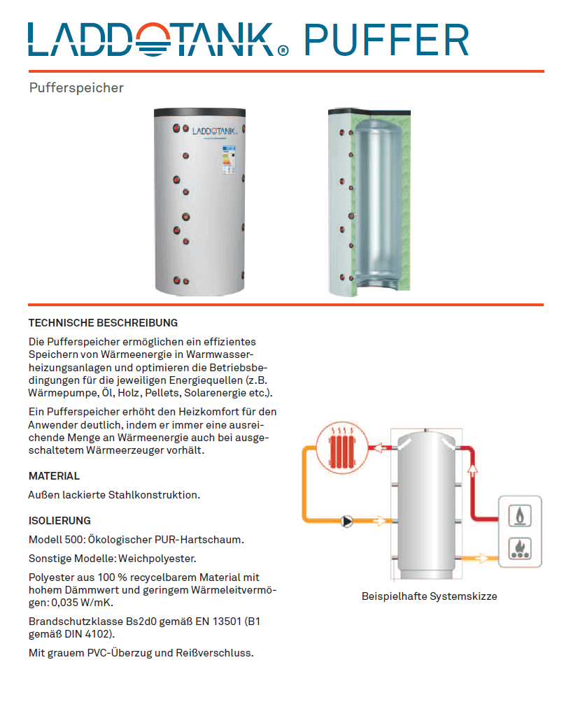 Laddotank Pufferspeicher ohne WT, 500L, 75mm PU-Isolierung