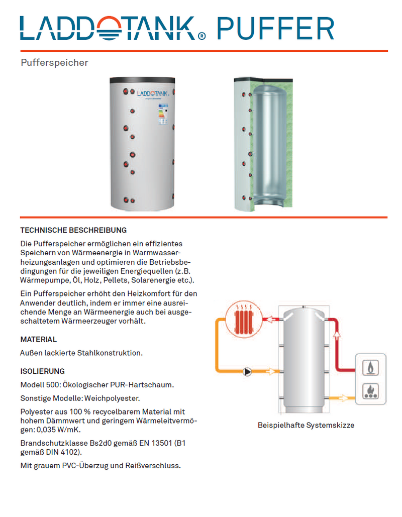 Laddotank Pufferspeicher ohne WT, 1000L, 100mm Vliesdämmung