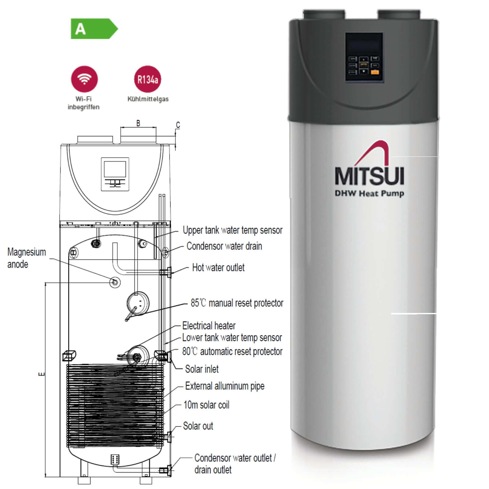 Trinkwasserwärmepumpe 200 Liter DHWHP200SMI mit Wärmetauscher