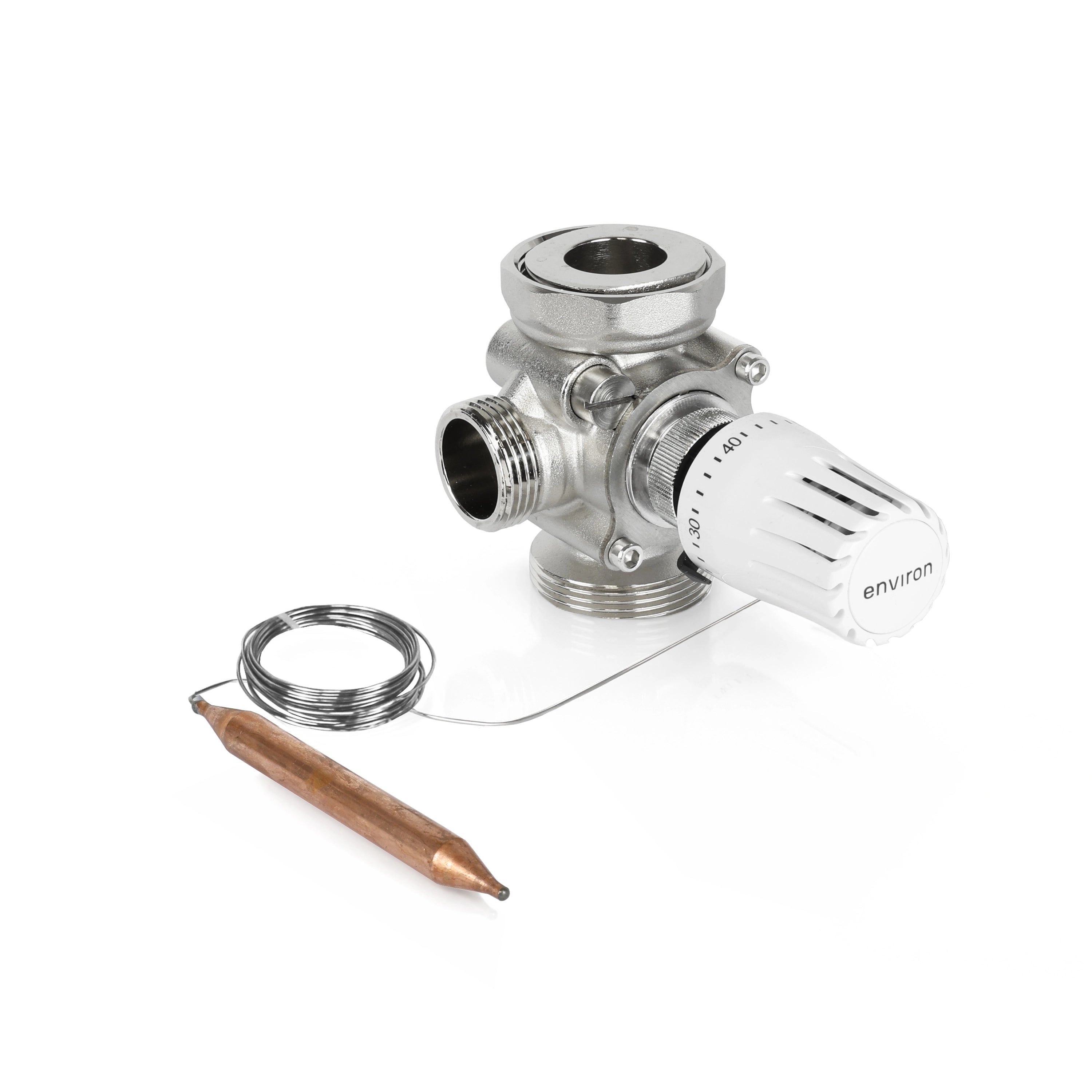 T-Mischer 002 DN25 – thermostatischer 3-Wege-Mischer mit Kapillar-Thermostatkopf 20–70 °C – vernickelt – 1 1/2"