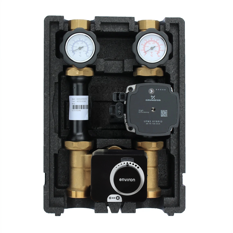 Gruppo pompa circuito riscaldamento EcoMix ENH001 con miscelatore a tre vie, attuatore ESBE ARA661 e pompa ad alta efficienza Grundfos UPM3 Hybrid 25/7