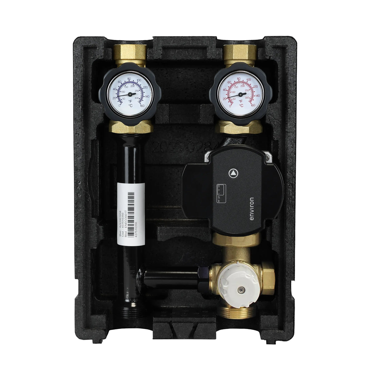 Groupe de pompes de circuit de chauffage EcoMix EN004 avec mélangeur à trois voies, thermostat à valeur fixe 25-55°C et pompe à haut rendement Environ EcoStar 25/6