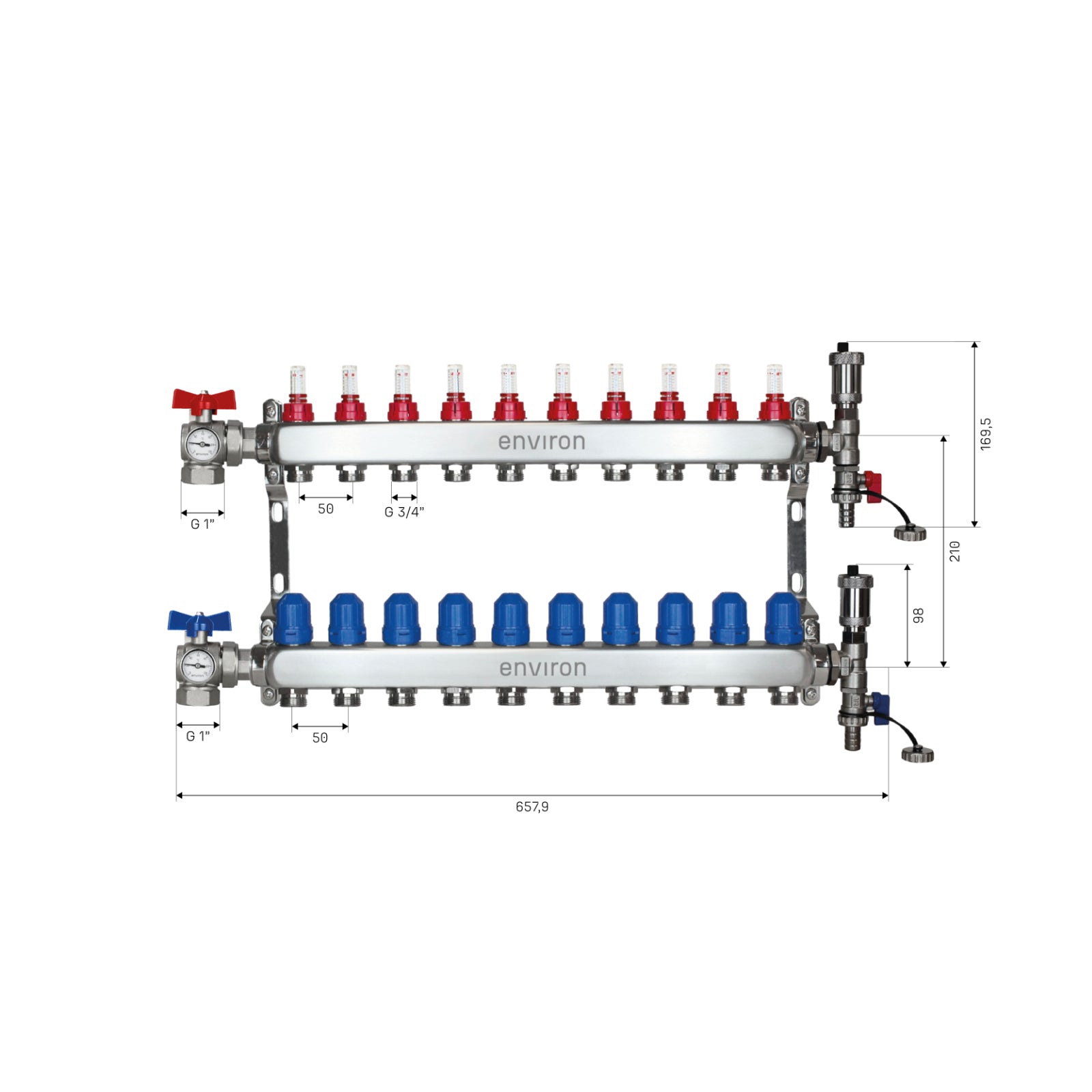 Edelstahl Heizkreisverteiler 2-12 Heizkreise mit 90° Eck-Kugelhahn-Set & Thermometer