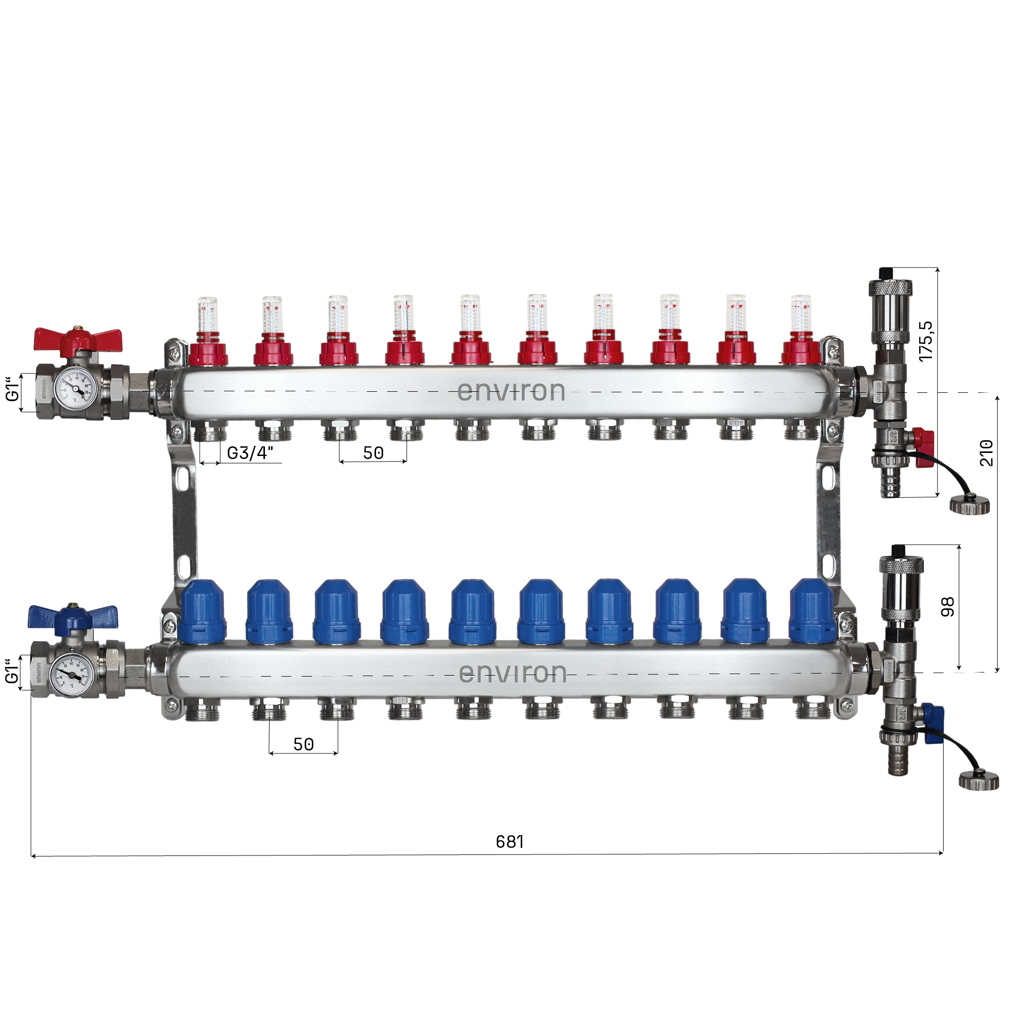 Edelstahl Heizkreisverteiler 2 - 12 fach mit Kugelhahn-& Entlüfter-Anschluss-Set