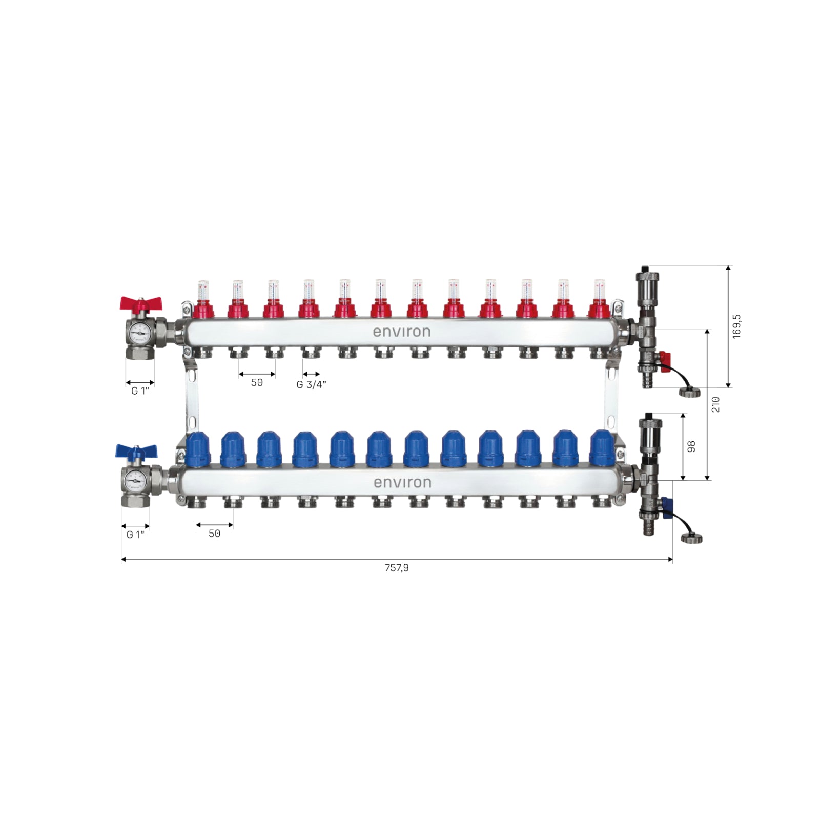 Edelstahl Heizkreisverteiler 2-12 Heizkreise mit 90° Eck-Kugelhahn-Set & Thermometer