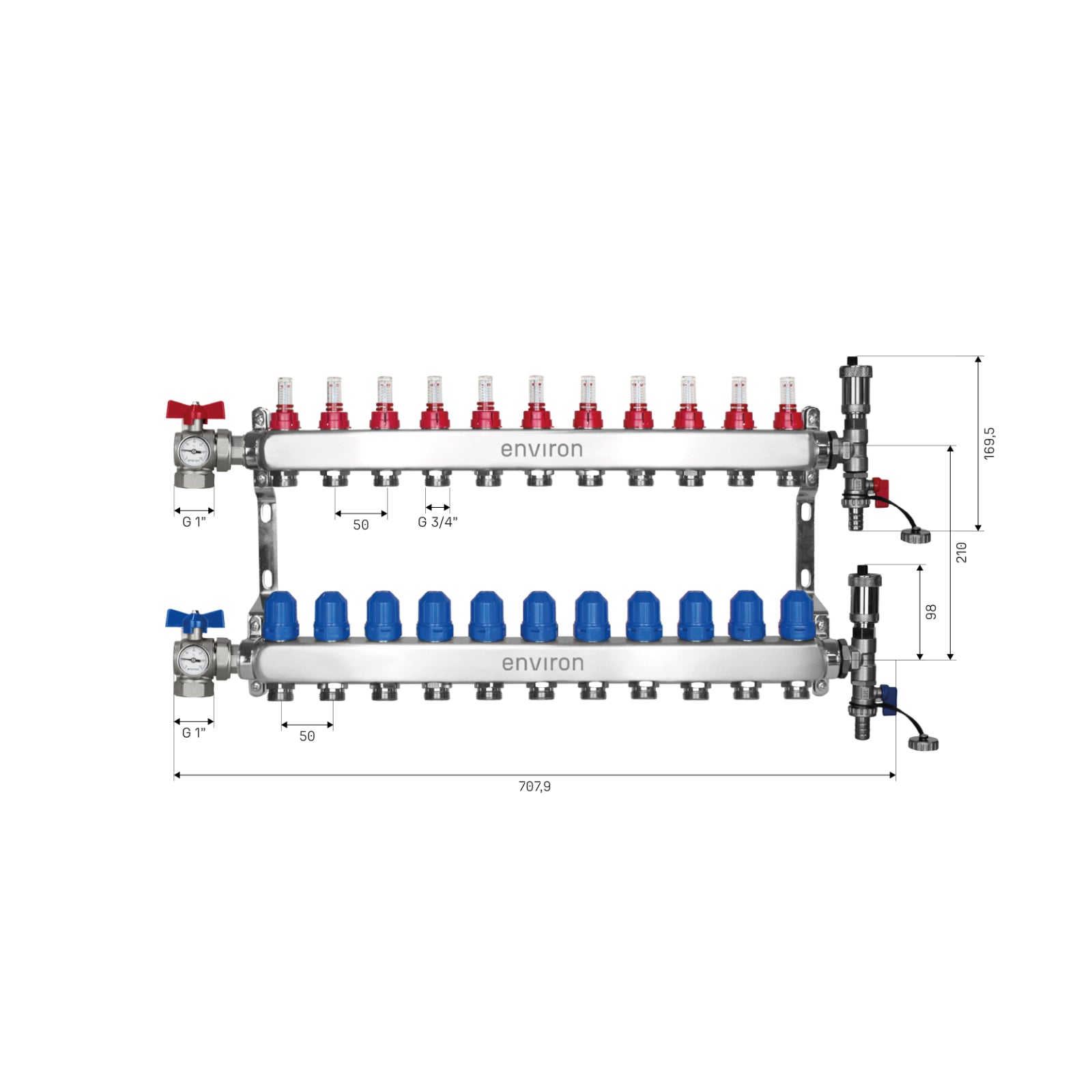 Edelstahl Heizkreisverteiler 2-12 Heizkreise mit 90° Eck-Kugelhahn-Set & Thermometer