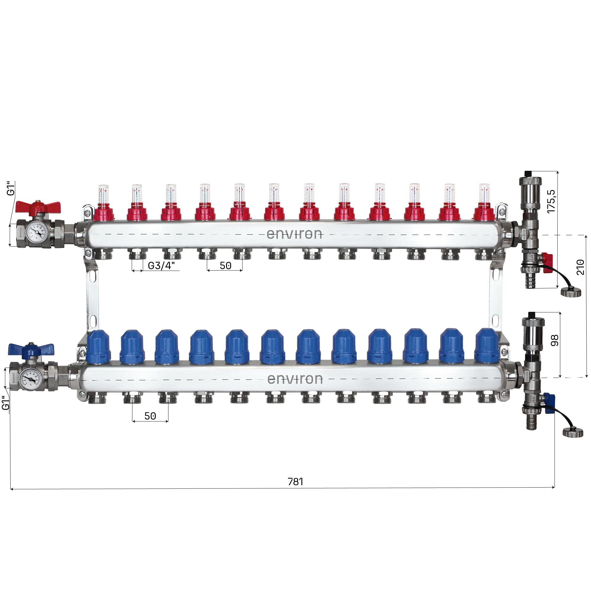 Edelstahl Heizkreisverteiler 2 - 12 fach mit Kugelhahn-& Entlüfter-Anschluss-Set