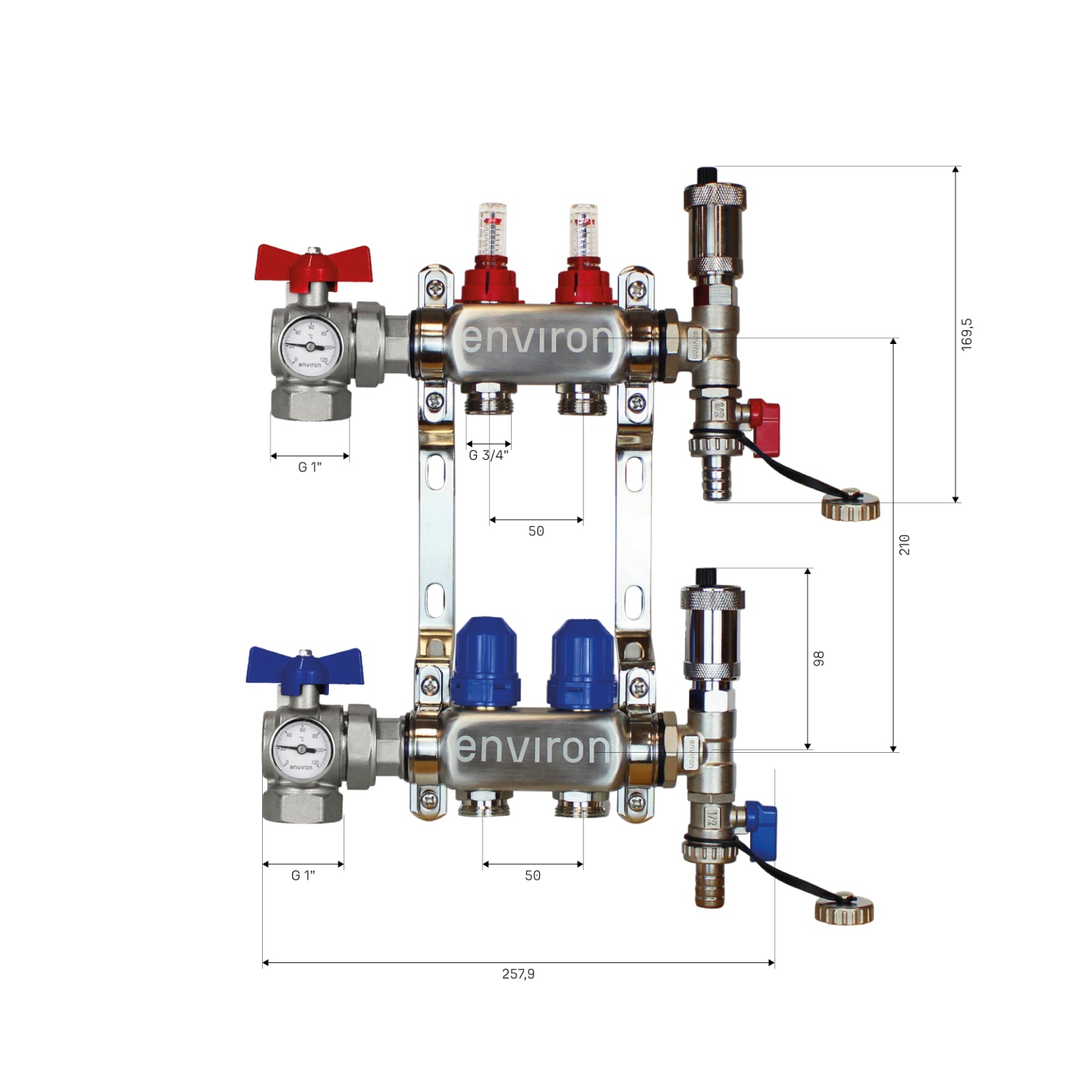 Edelstahl Heizkreisverteiler 2-12 Heizkreise mit 90° Eck-Kugelhahn-Set & Thermometer
