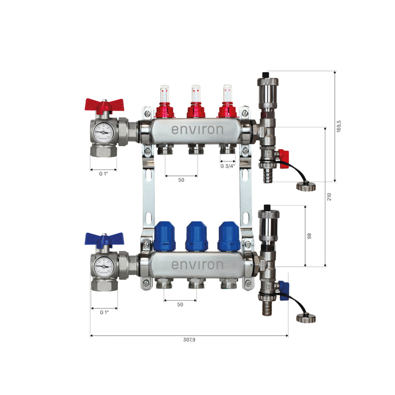 Distribuidor de circuito de calefacción de acero inoxidable – 2 a 12 circuitos con juego de válvulas de bola en ángulo de 90° y termómetro
