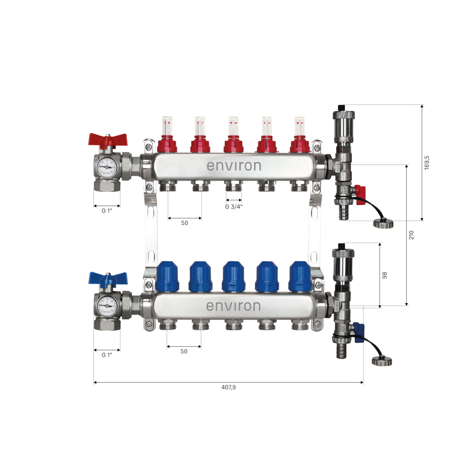 Edelstahl Heizkreisverteiler 2-12 Heizkreise mit 90° Eck-Kugelhahn-Set & Thermometer