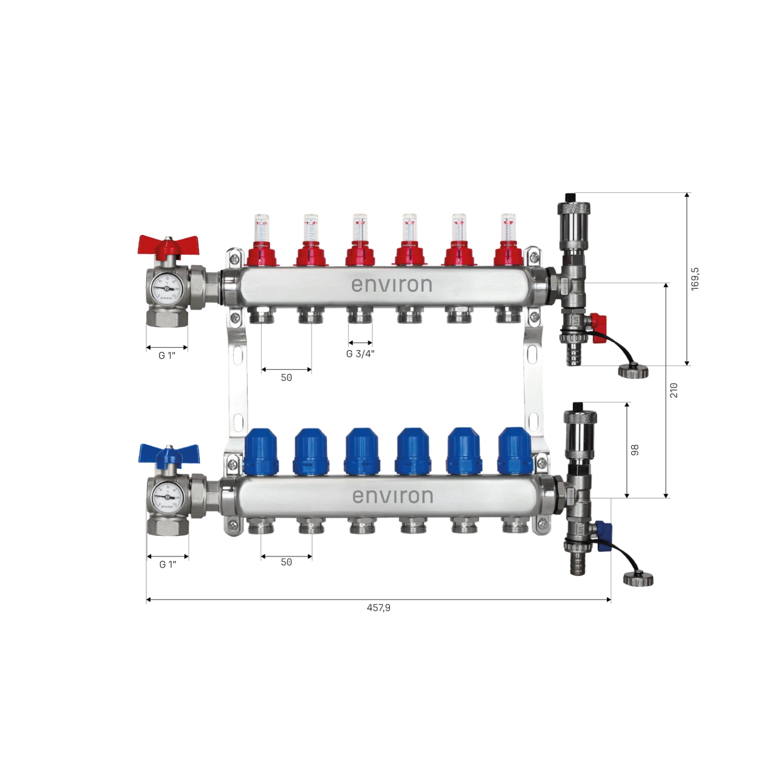 Edelstahl Heizkreisverteiler 2-12 Heizkreise mit 90° Eck-Kugelhahn-Set & Thermometer