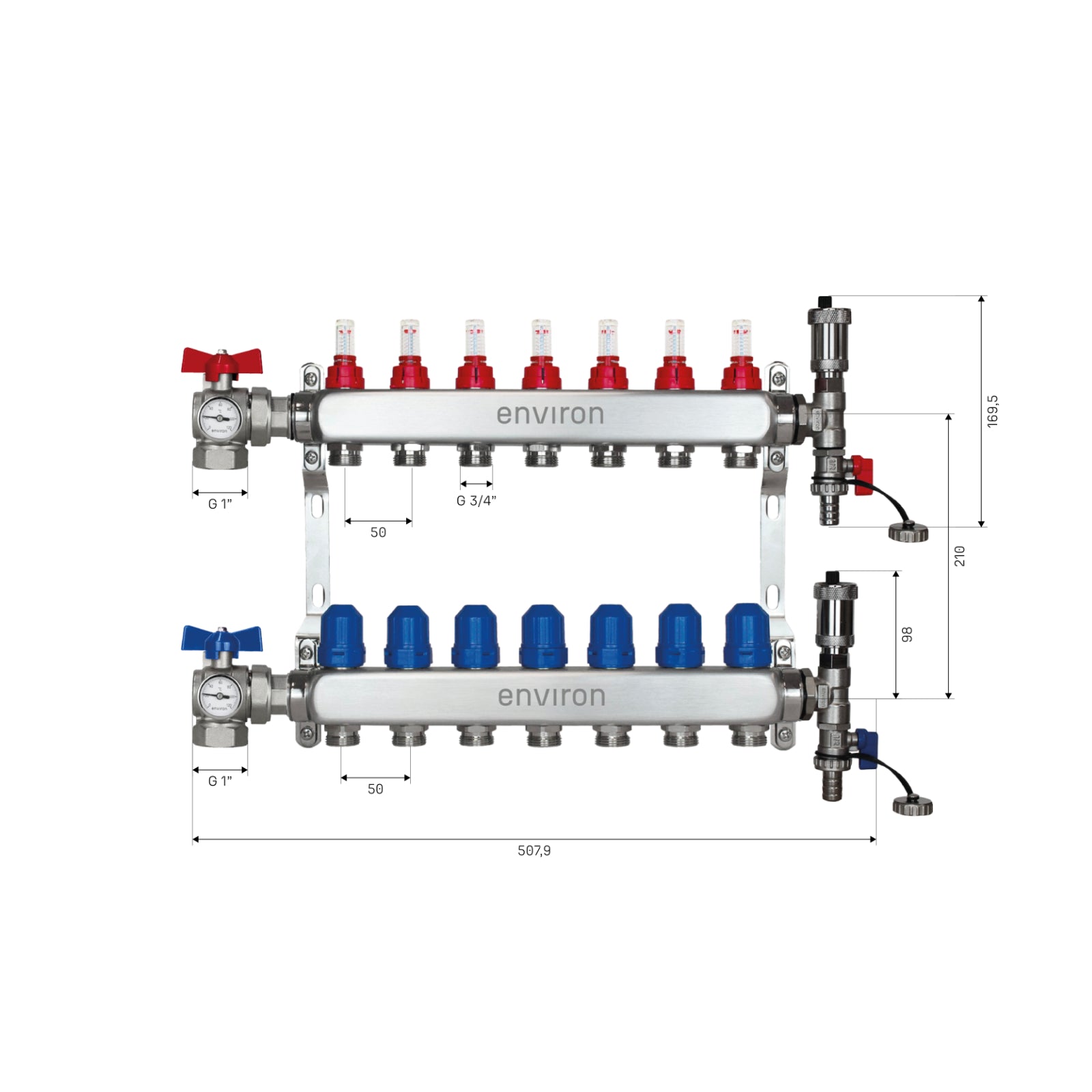 Edelstahl Heizkreisverteiler 2-12 Heizkreise mit 90° Eck-Kugelhahn-Set & Thermometer
