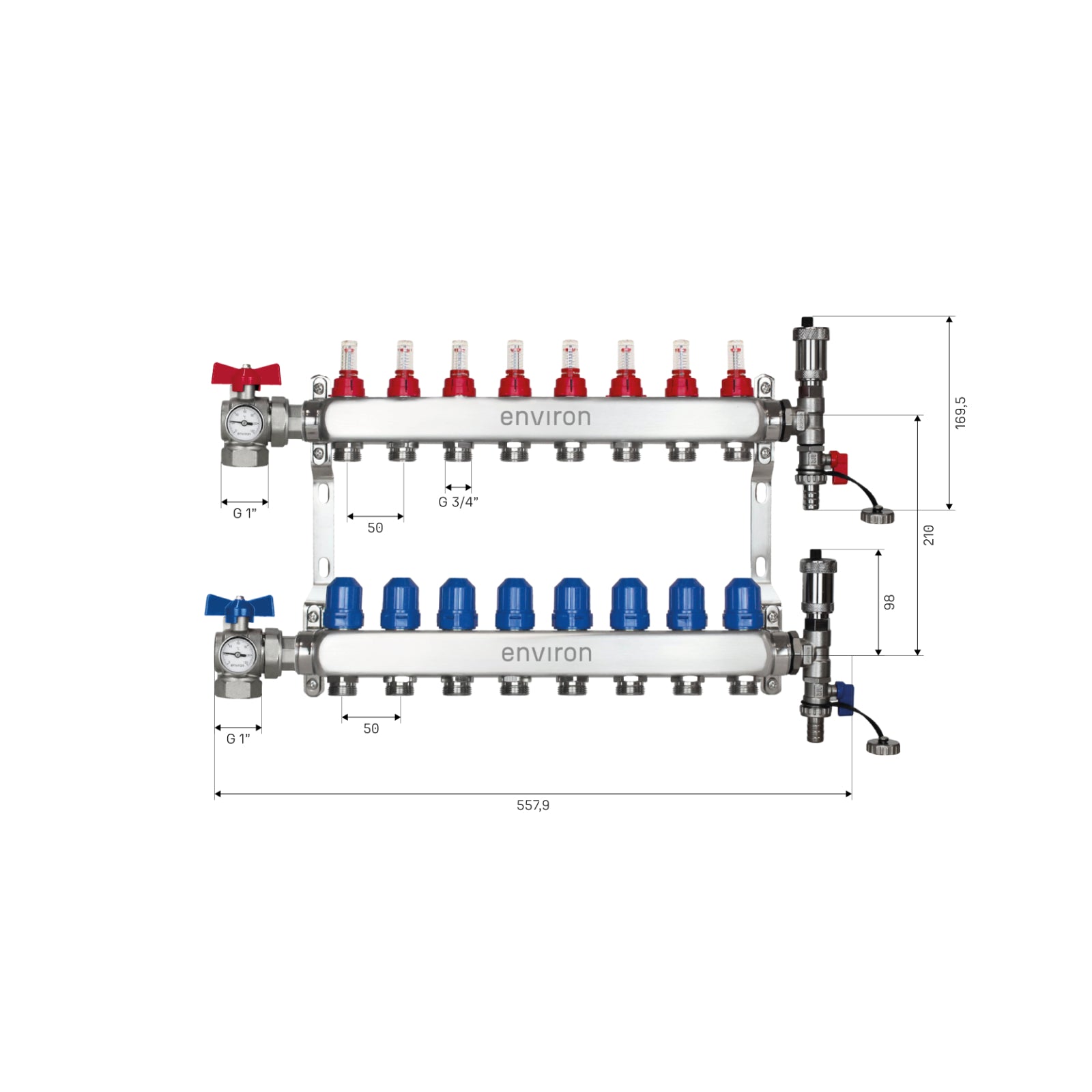 Edelstahl Heizkreisverteiler 2-12 Heizkreise mit 90° Eck-Kugelhahn-Set & Thermometer