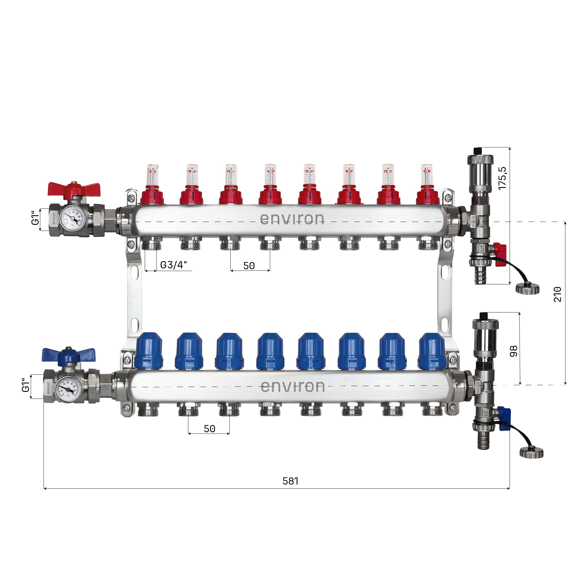 Edelstahl Heizkreisverteiler 2 - 12 fach mit Kugelhahn-& Entlüfter-Anschluss-Set