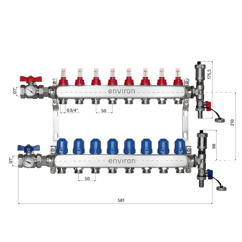 Distributeur de circuit de chauffage en acier inoxydable 2 à 12 voies avec vanne à boisseau sphérique et kit de raccordement de purge