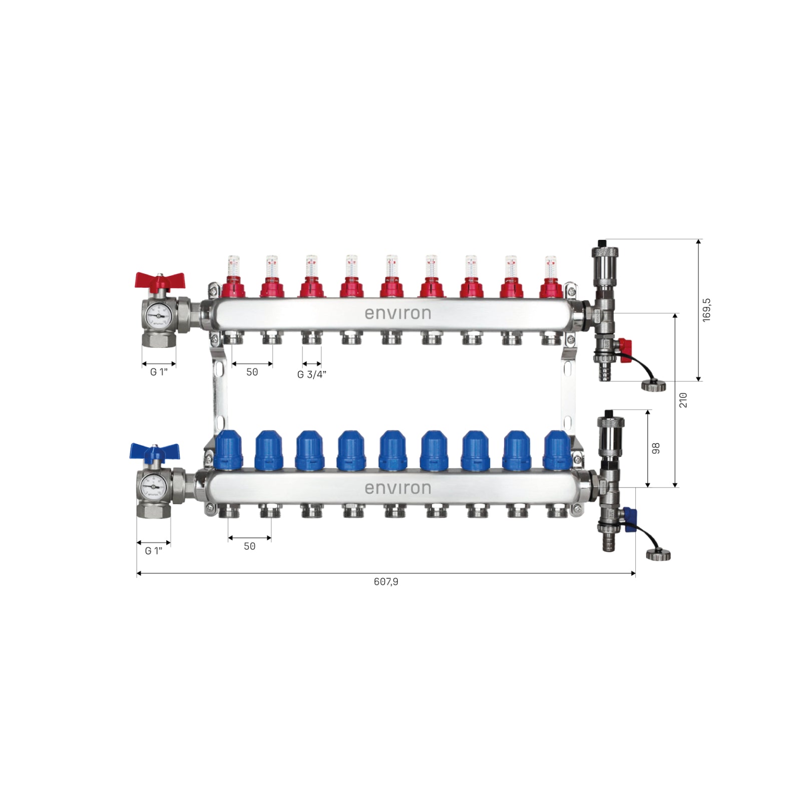 Edelstahl Heizkreisverteiler 2-12 Heizkreise mit 90° Eck-Kugelhahn-Set & Thermometer