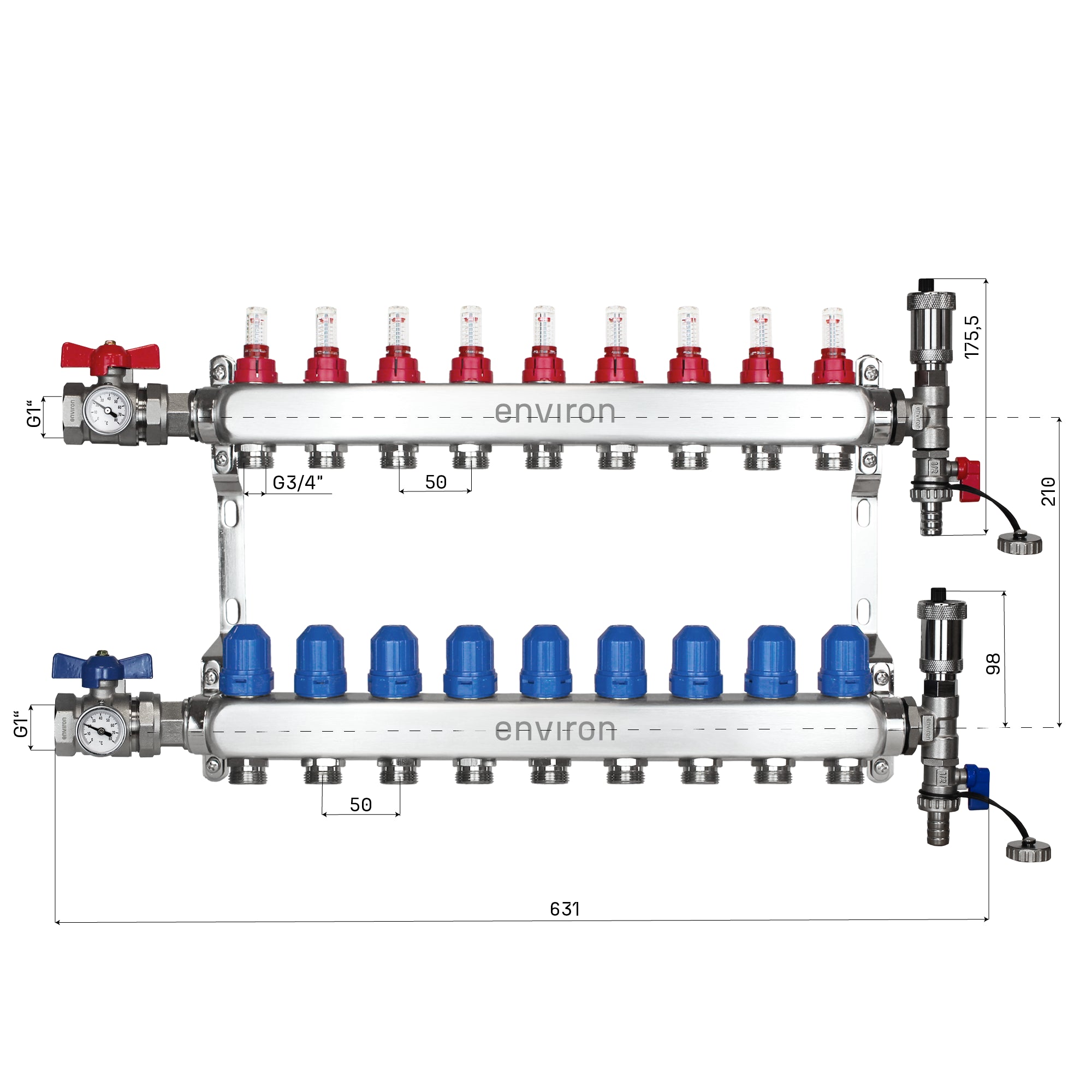 Edelstahl Heizkreisverteiler 2 - 12 fach mit Kugelhahn-& Entlüfter-Anschluss-Set