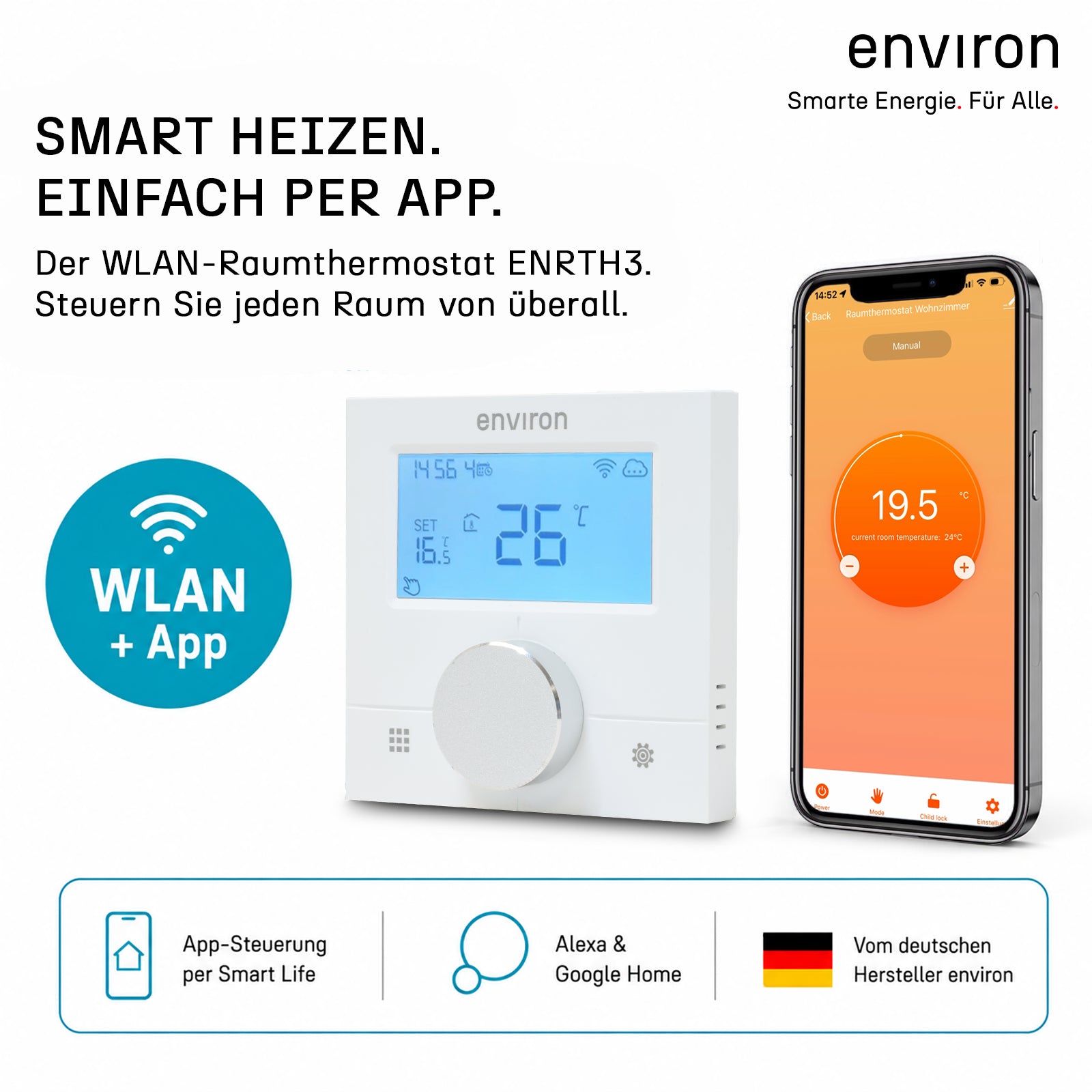 Raumthermostat ENRTH3 Unterputz & Aufputz 230V – digital mit WLAN, App-Steuerung, Heizen & Kühlen