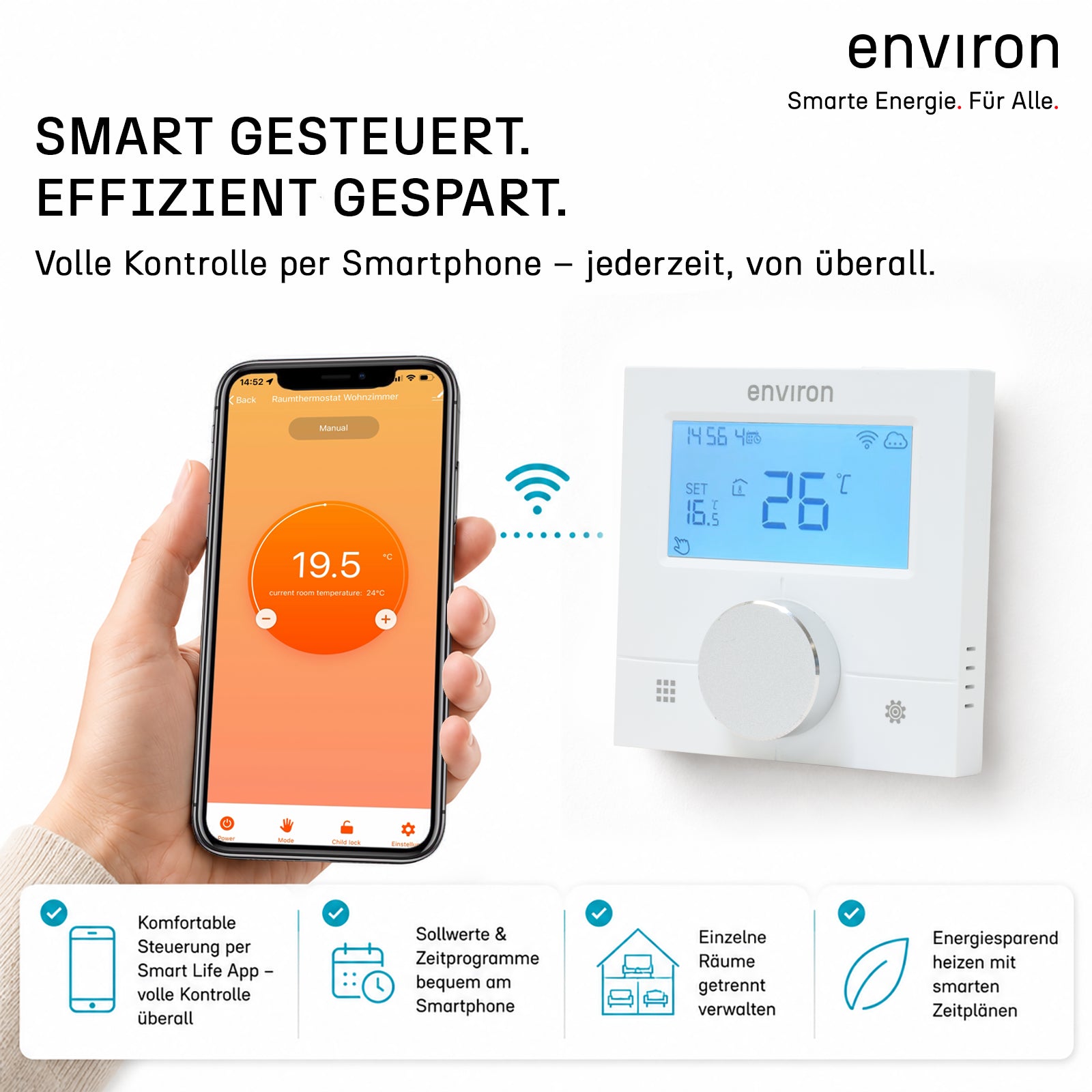 Raumthermostat ENRTH3 Unterputz & Aufputz 230V – digital mit WLAN, App-Steuerung, Heizen & Kühlen