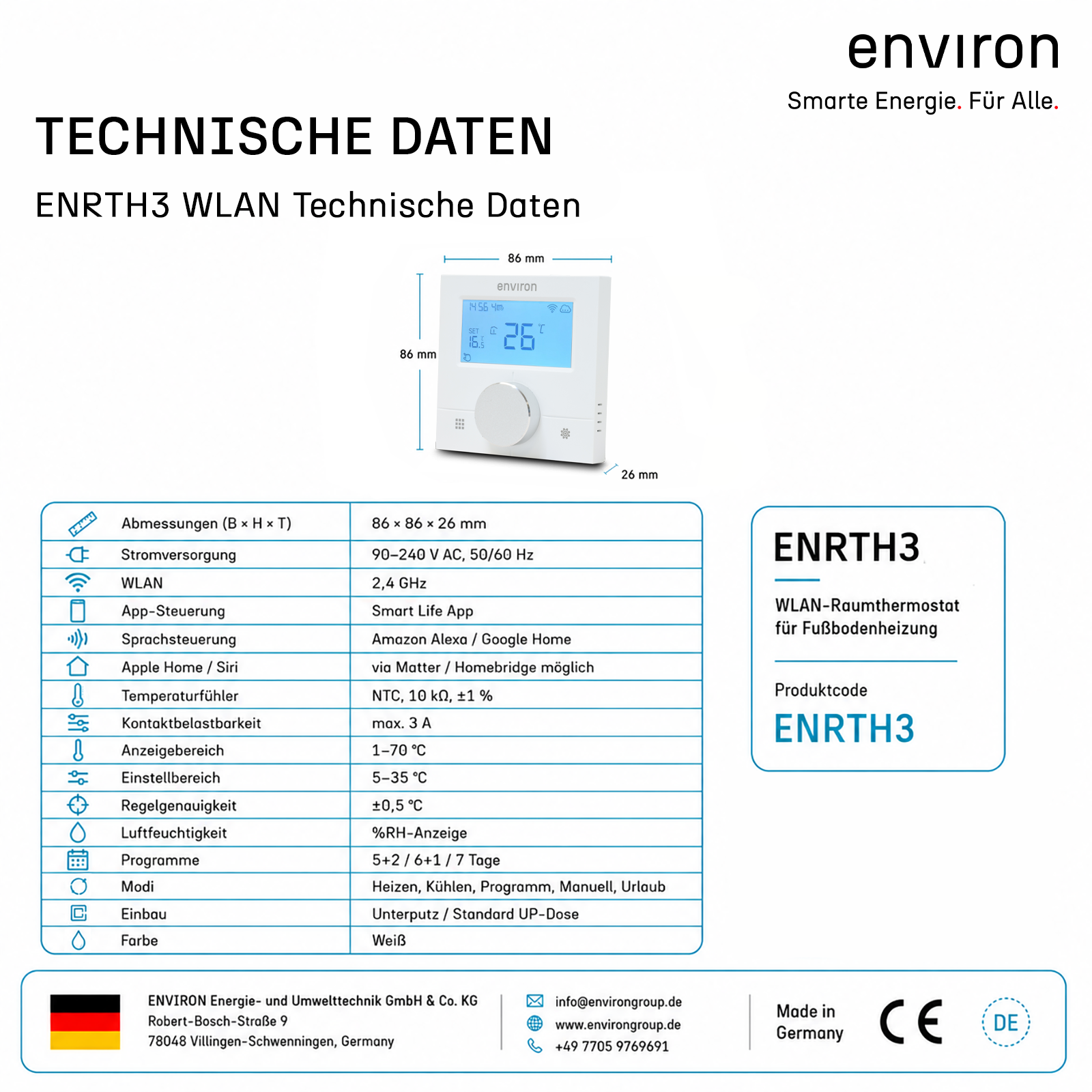 Raumthermostat ENRTH3 Unterputz & Aufputz 230V – digital mit WLAN, App-Steuerung, Heizen & Kühlen