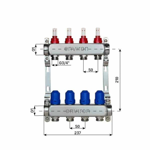 Distribuidor de circuito de calefacción de acero inoxidable – 2 a 12 circuitos