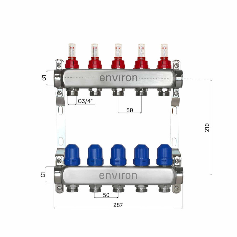 Distribuidor de circuito de calefacción de acero inoxidable – 2 a 12 circuitos