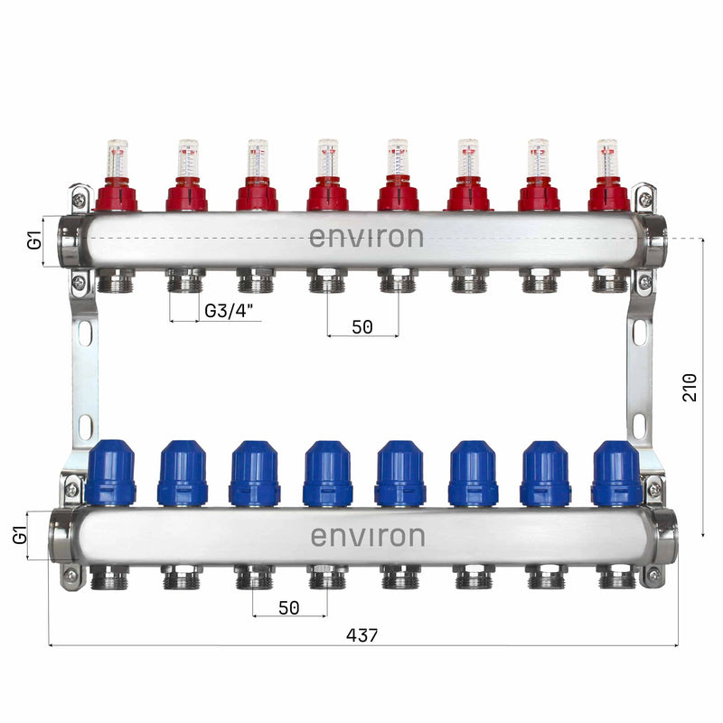 Distribuidor de circuito de calefacción de acero inoxidable – 2 a 12 circuitos