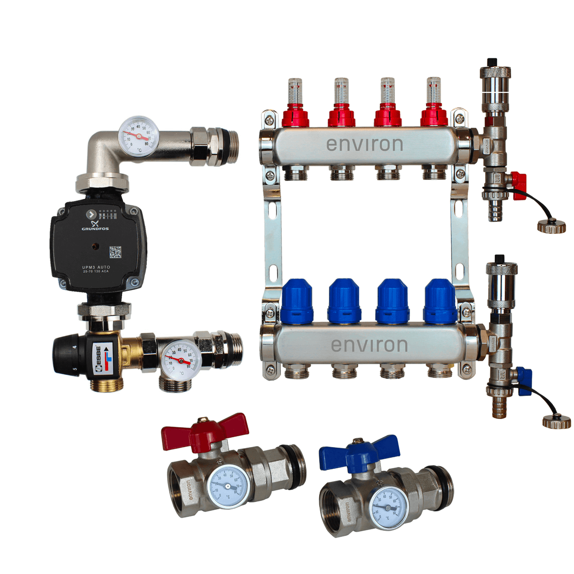 Festwertregelset M058 20-55°C mit Grundfos UPM3 25/6 Hocheffizienzpumpe, Edelstahl-Heizkreisverteiler, Entlüfterset & Kugelhahnset