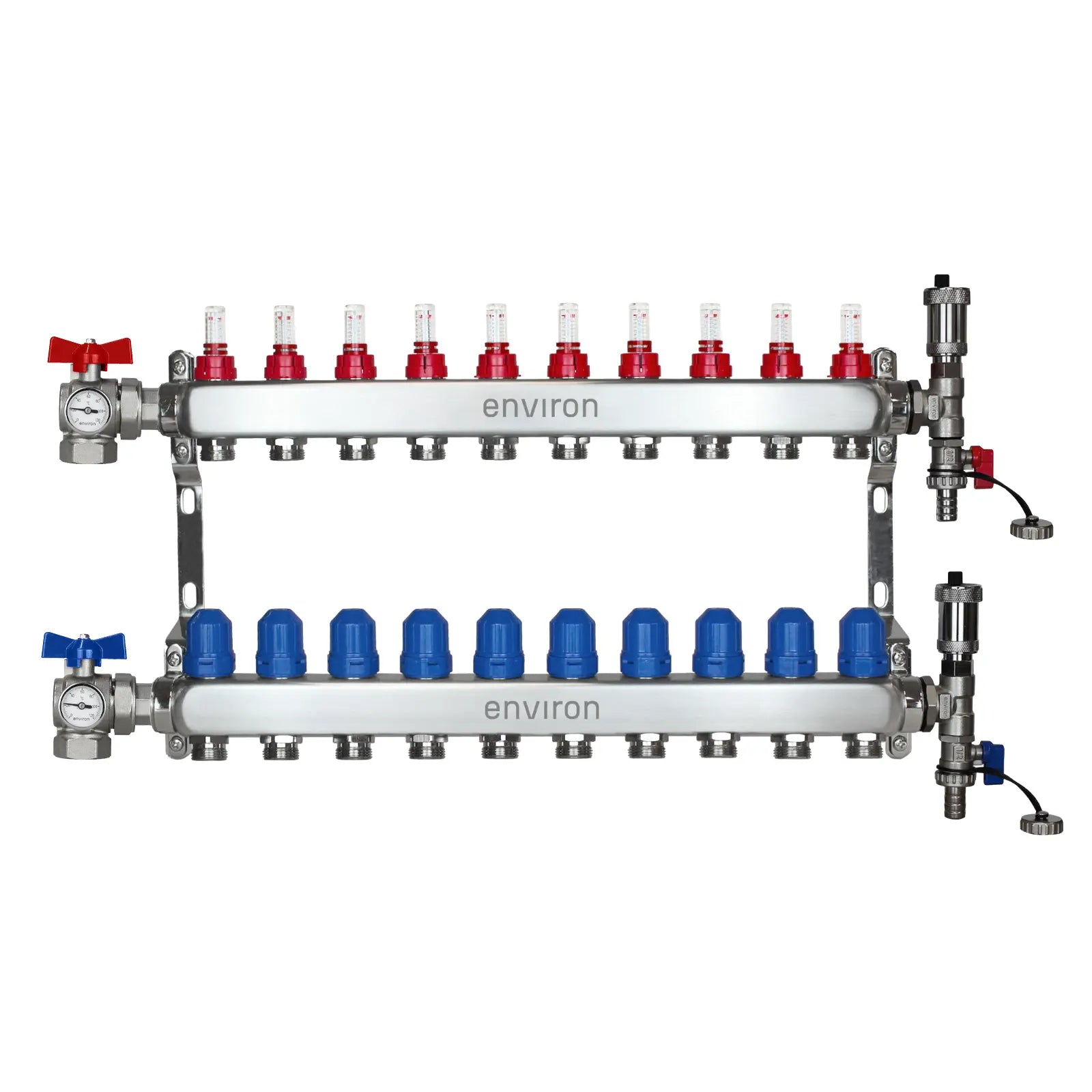 Edelstahl Heizkreisverteiler 2-12 Heizkreise mit 90° Eck-Kugelhahn-Set & Thermometer