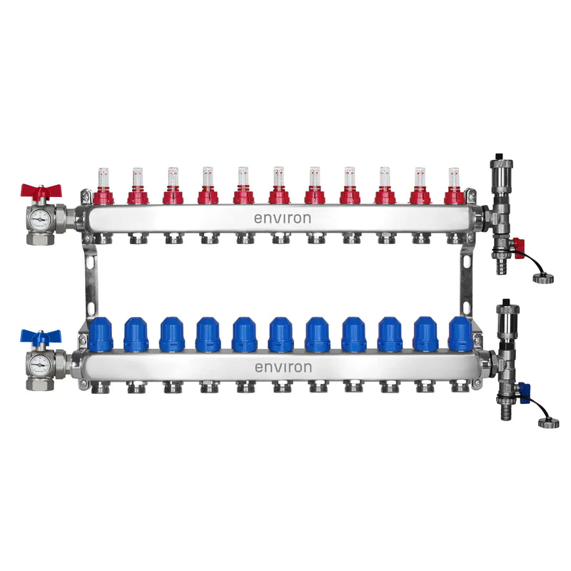 Distribuidor de circuito de calefacción de acero inoxidable – 2 a 12 circuitos con juego de válvulas de bola en ángulo de 90° y termómetro