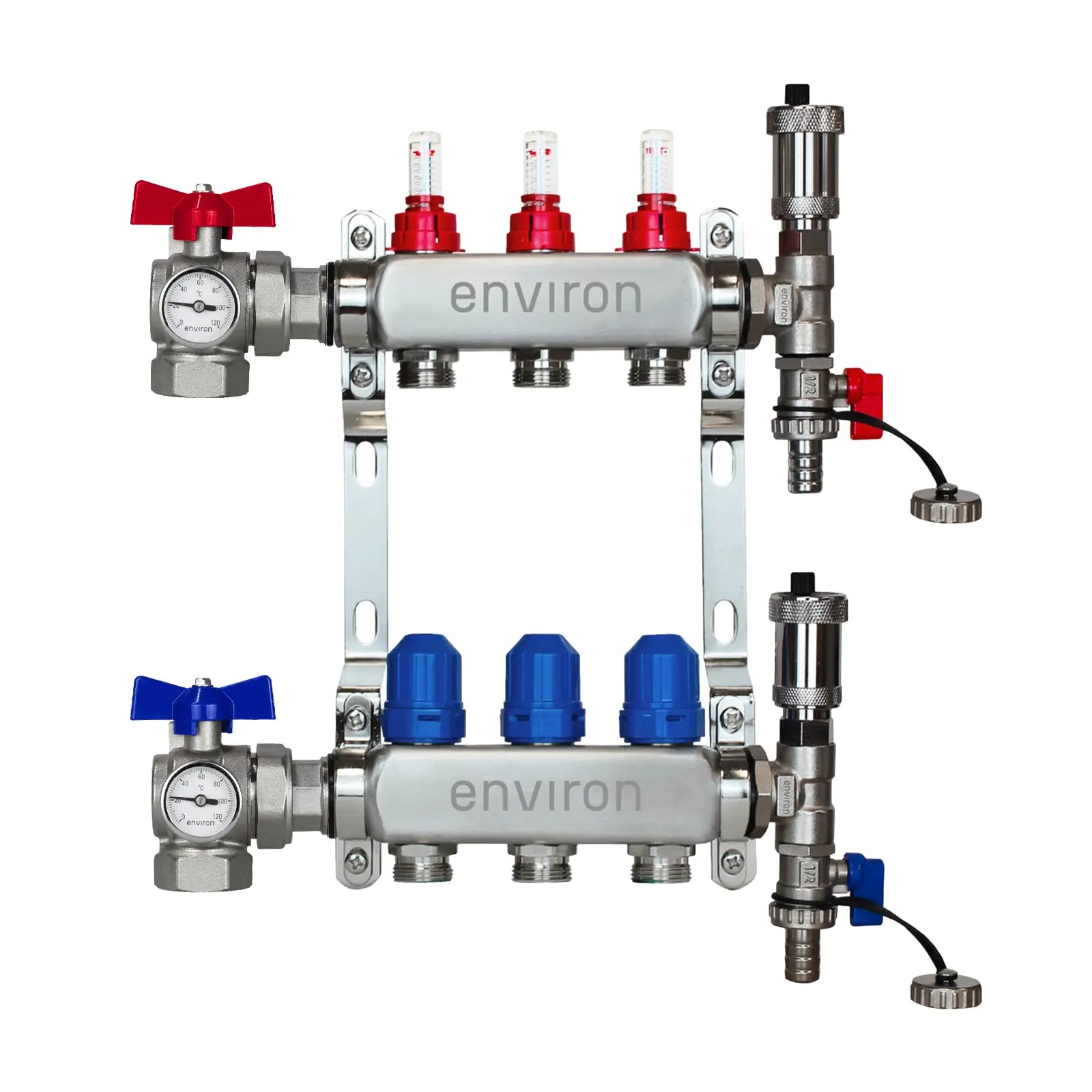 Edelstahl Heizkreisverteiler 2-12 Heizkreise mit 90° Eck-Kugelhahn-Set & Thermometer
