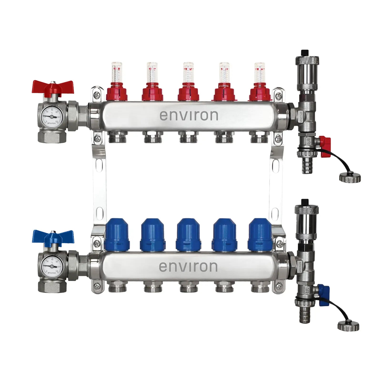 Edelstahl Heizkreisverteiler 2-12 Heizkreise mit 90° Eck-Kugelhahn-Set & Thermometer