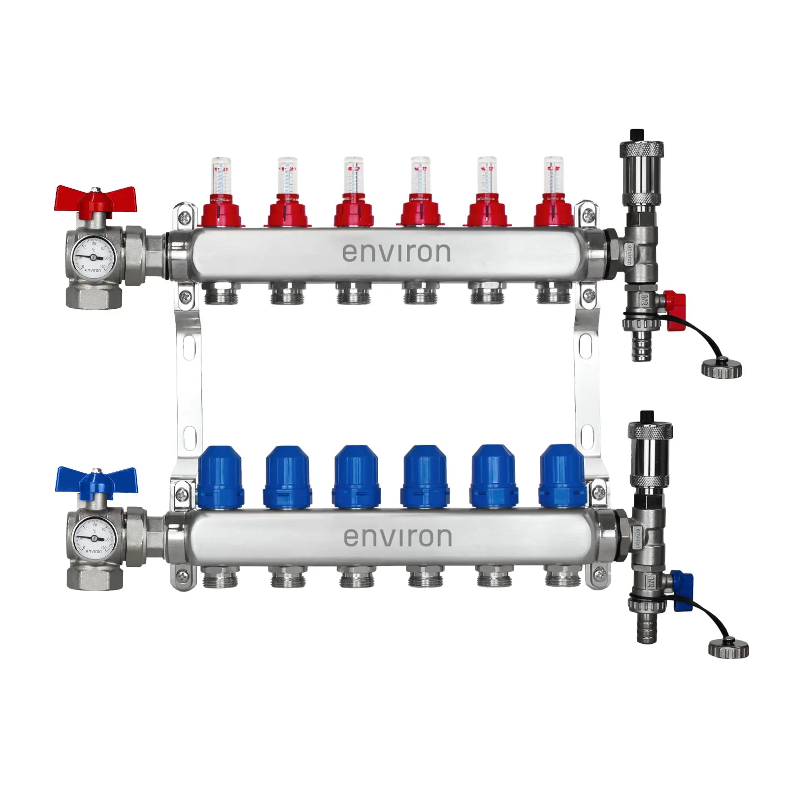Edelstahl Heizkreisverteiler 2-12 Heizkreise mit 90° Eck-Kugelhahn-Set & Thermometer