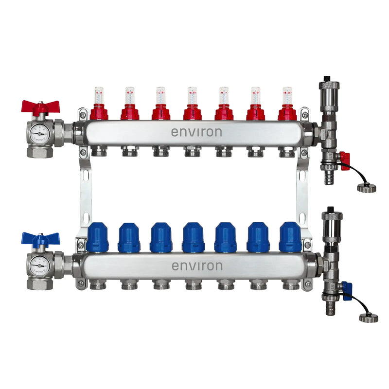 Distribuidor de circuito de calefacción de acero inoxidable – 2 a 12 circuitos con juego de válvulas de bola en ángulo de 90° y termómetro