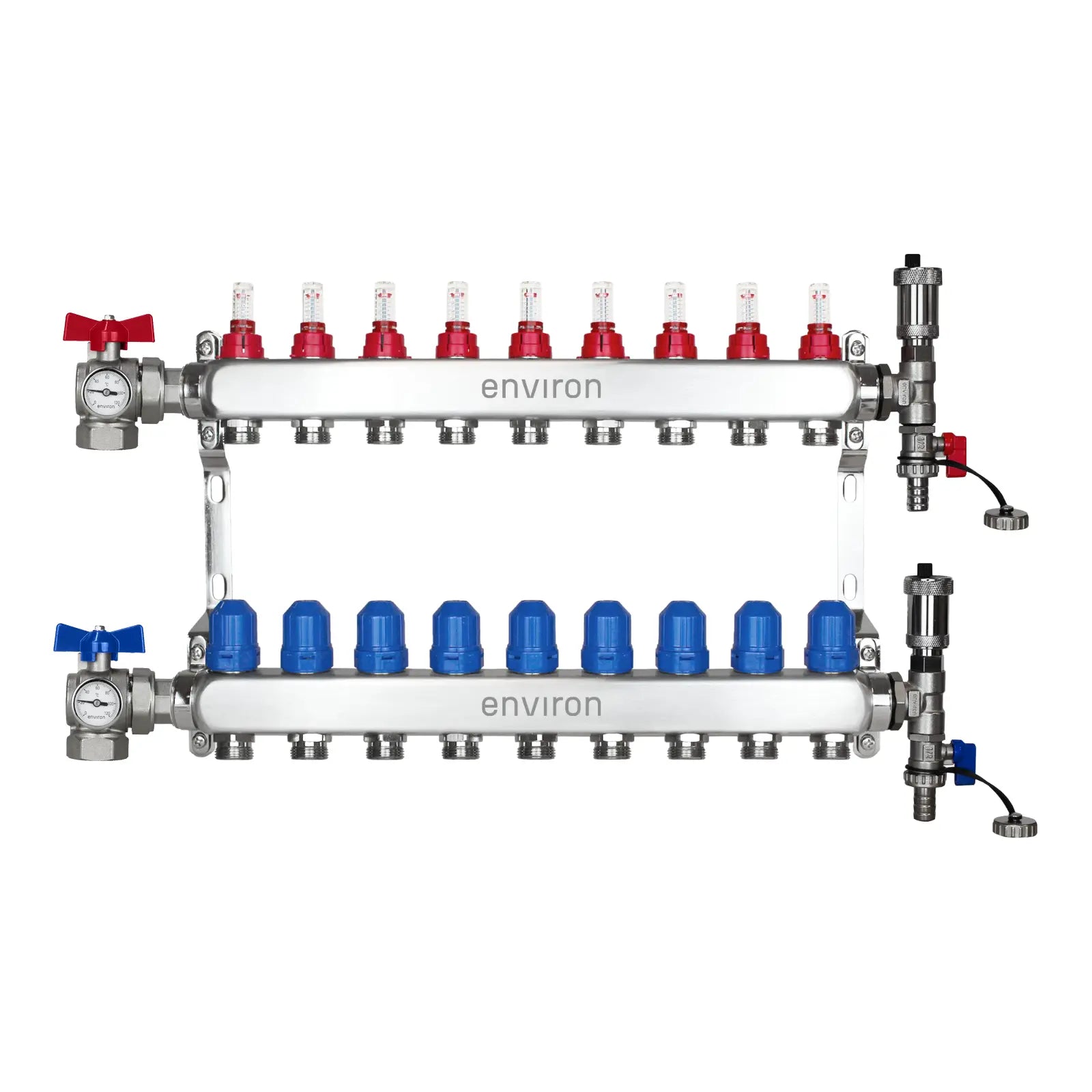 Edelstahl Heizkreisverteiler 2-12 Heizkreise mit 90° Eck-Kugelhahn-Set & Thermometer