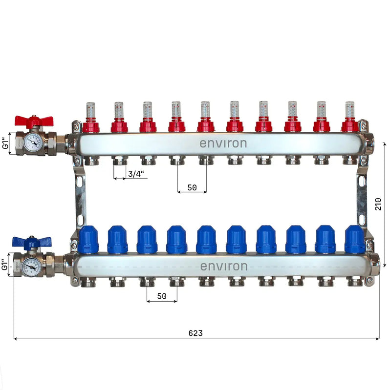 Distributeur de circuit de chauffage en acier inoxydable 2 à 12 voies avec kit de raccordement pour vanne à boisseau sphérique