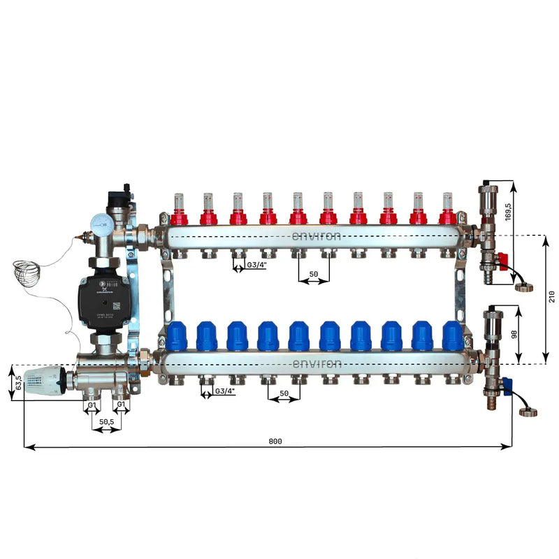 Juego de regulación de valor fijo M059 20-70°C con bomba de alta eficiencia Grundfos UPM3 25/6, distribuidor de circuito de calefacción de acero inoxidable, juego de purgadores y juego de válvulas de bola