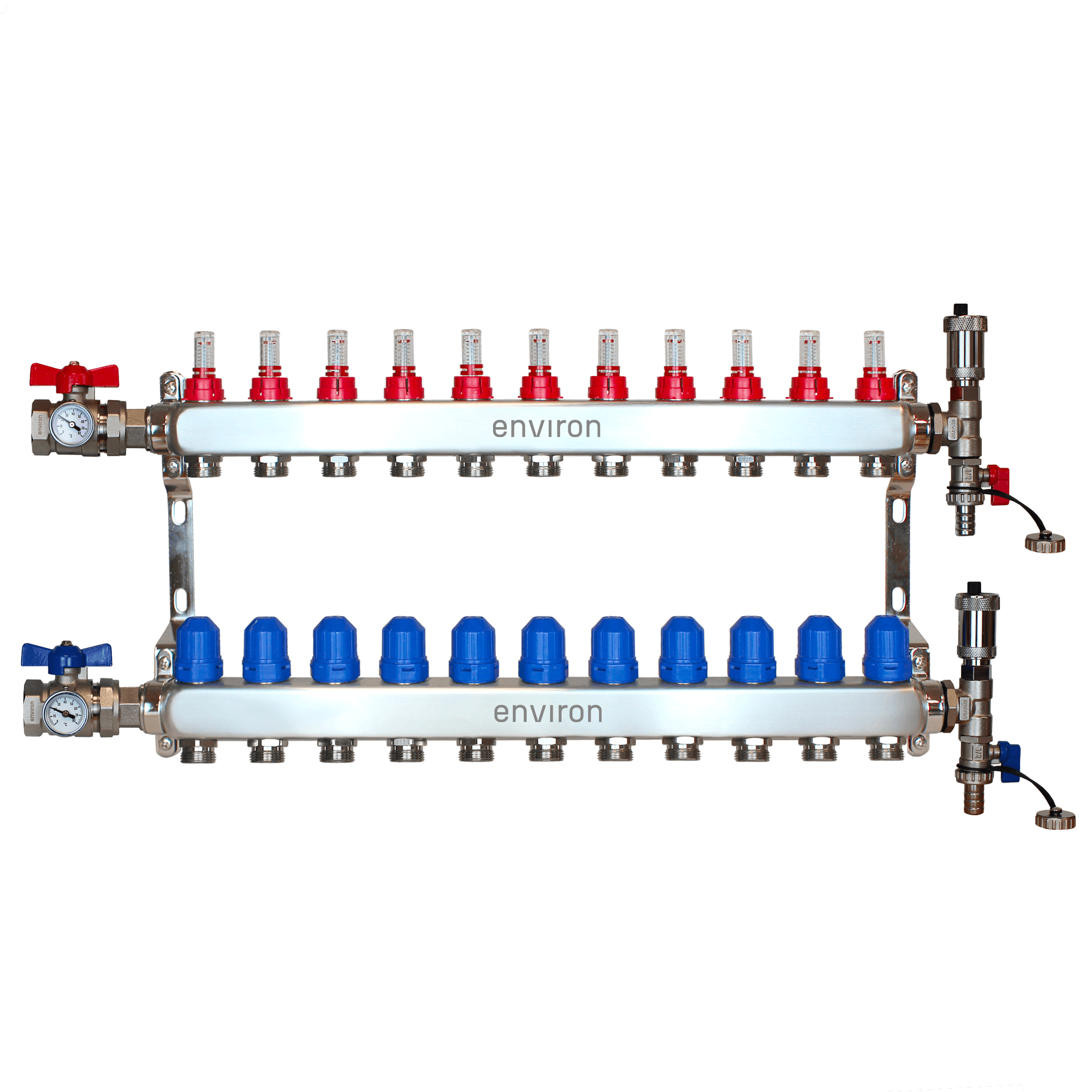 Edelstahl Heizkreisverteiler 2 - 12 fach mit Kugelhahn-& Entlüfter-Anschluss-Set