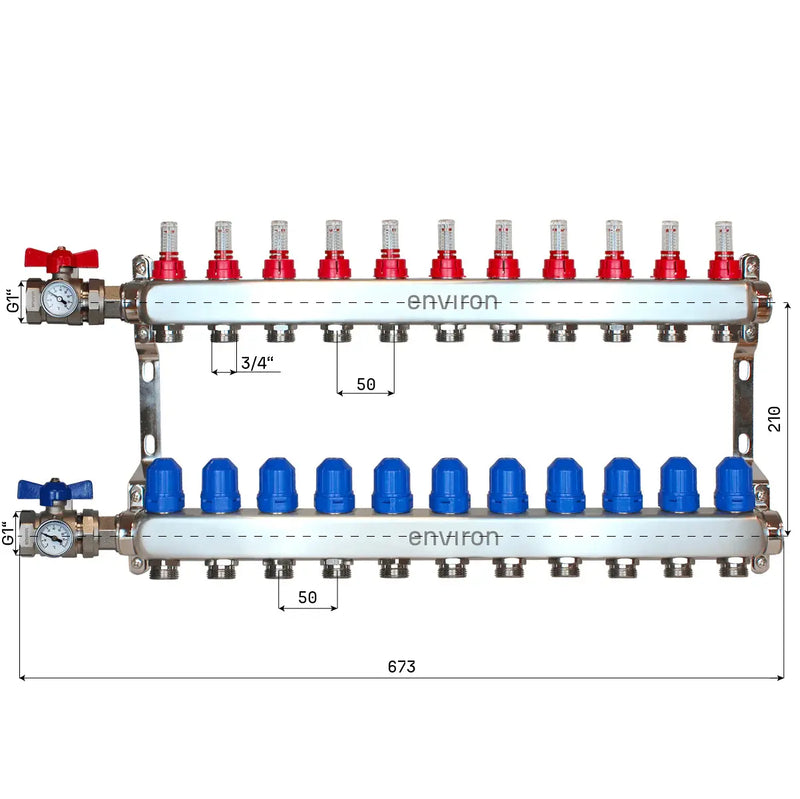 Distributeur de circuit de chauffage en acier inoxydable 2 à 12 voies avec kit de raccordement pour vanne à boisseau sphérique