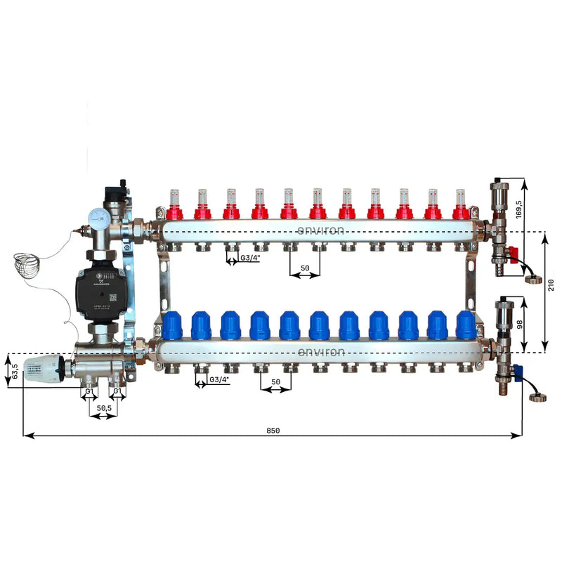 Juego de regulación de valor fijo M059 20-70°C con bomba de alta eficiencia Grundfos UPM3 25/6, distribuidor de circuito de calefacción de acero inoxidable, juego de purgadores y juego de válvulas de bola