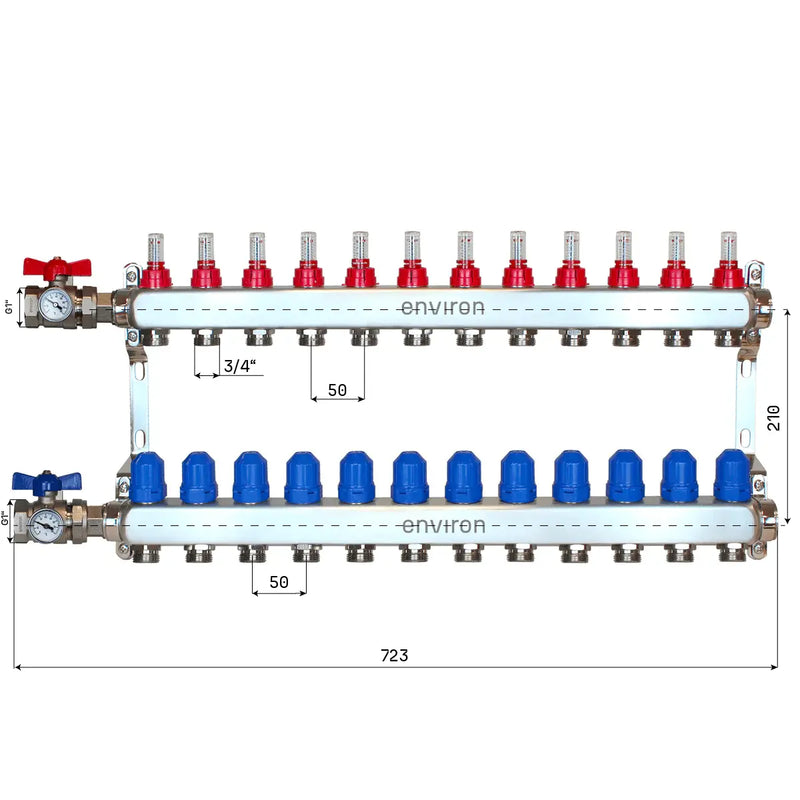 Distributeur de circuit de chauffage en acier inoxydable 2 à 12 voies avec kit de raccordement pour vanne à boisseau sphérique