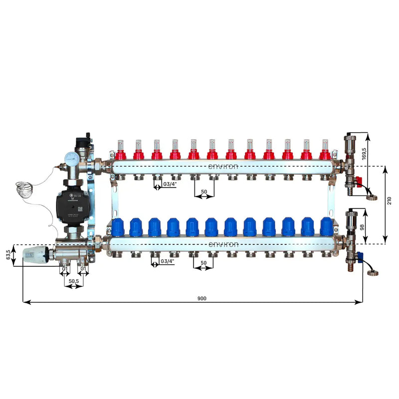 Juego de regulación de valor fijo M059 20-70°C con bomba de alta eficiencia Grundfos UPM3 25/6, distribuidor de circuito de calefacción de acero inoxidable, juego de purgadores y juego de válvulas de bola