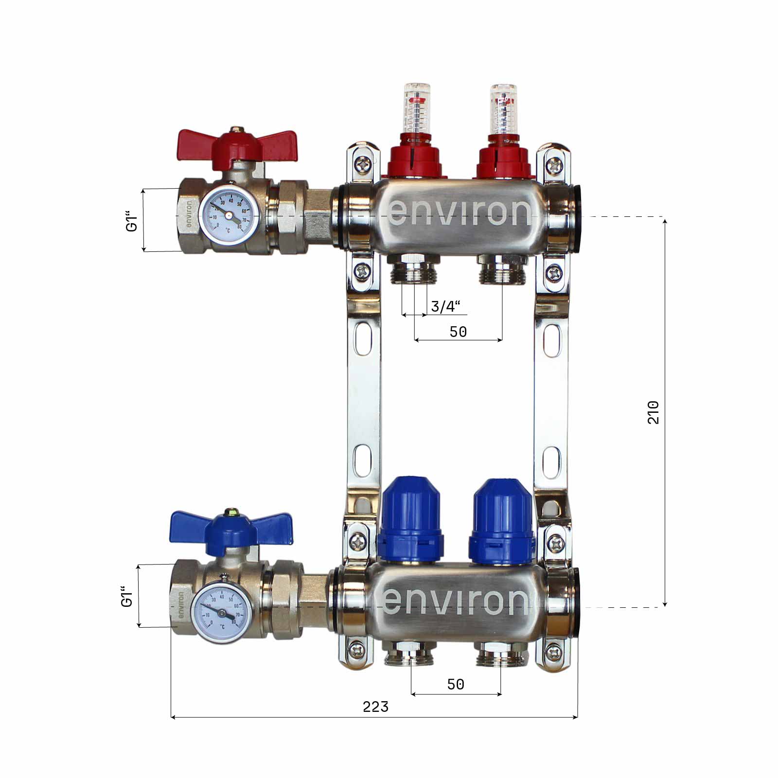 Edelstahl Heizkreisverteiler 2 - 12 fach mit Kugelhahn-Anschluss-Set