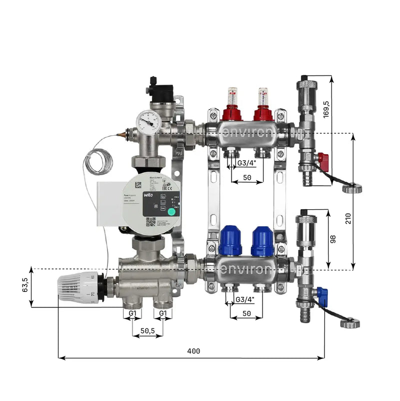 Juego de regulación de valor fijo M059 20-70°C con bomba de alta eficiencia Wilo Para 25/6, distribuidor de circuito de calefacción de acero inoxidable, juego de purgadores y juego de válvulas de bola