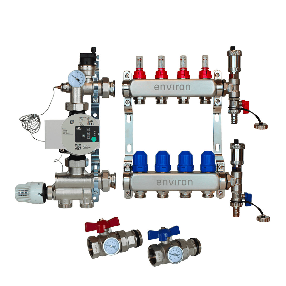 Juego de regulación de valor fijo M059 20-70°C con bomba de alta eficiencia Wilo Para 25/6, distribuidor de circuito de calefacción de acero inoxidable, juego de purgadores y juego de válvulas de bola