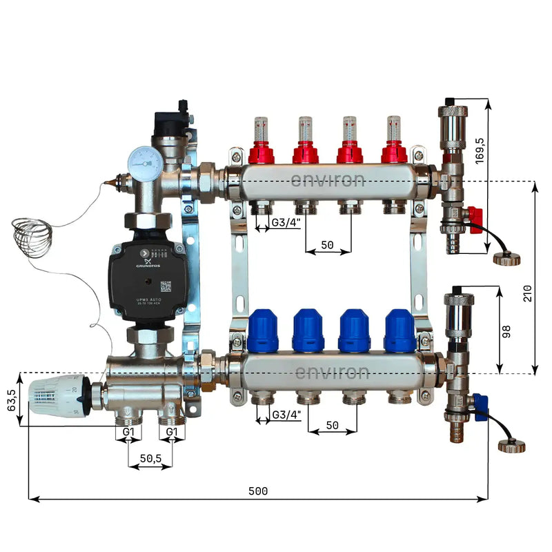 Juego de regulación de valor fijo M059 20-70°C con bomba de alta eficiencia Grundfos UPM3 25/6, distribuidor de circuito de calefacción de acero inoxidable, juego de purgadores y juego de válvulas de bola