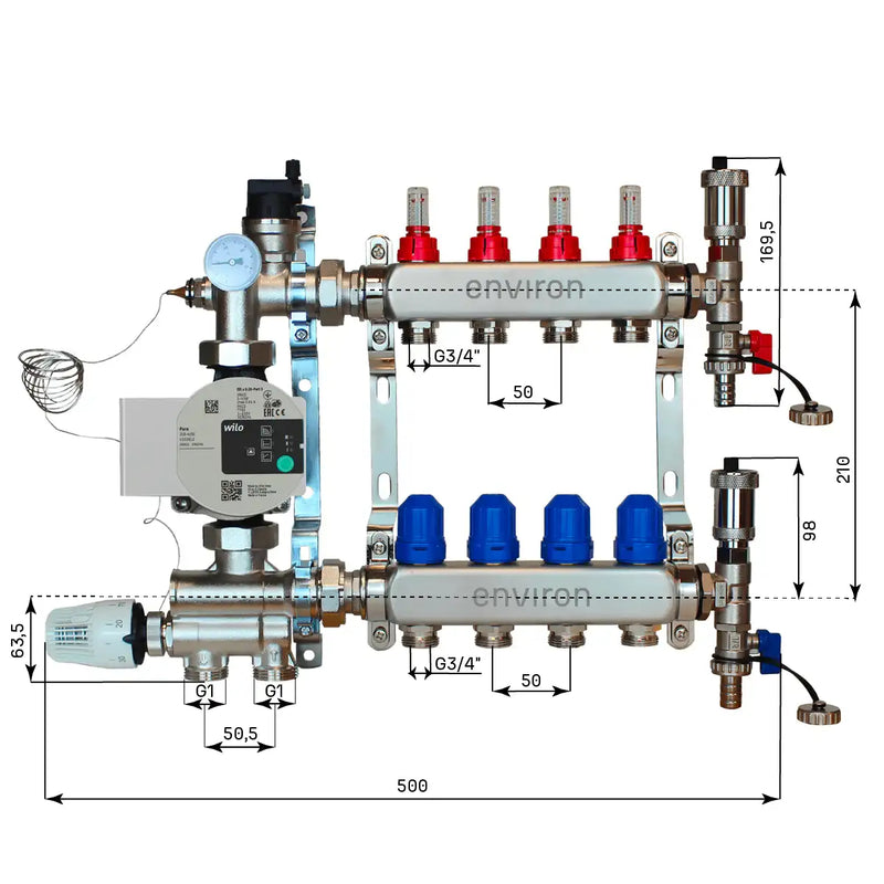 Juego de regulación de valor fijo M059 20-70°C con bomba de alta eficiencia Wilo Para 25/6, distribuidor de circuito de calefacción de acero inoxidable, juego de purgadores y juego de válvulas de bola
