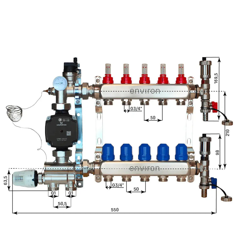 Juego de regulación de valor fijo M059 20-70°C con bomba de alta eficiencia Grundfos UPM3 25/6, distribuidor de circuito de calefacción de acero inoxidable, juego de purgadores y juego de válvulas de bola