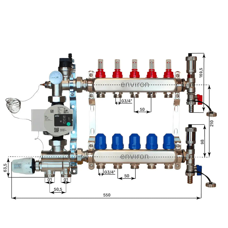 Juego de regulación de valor fijo M059 20-70°C con bomba de alta eficiencia Wilo Para 25/6, distribuidor de circuito de calefacción de acero inoxidable, juego de purgadores y juego de válvulas de bola